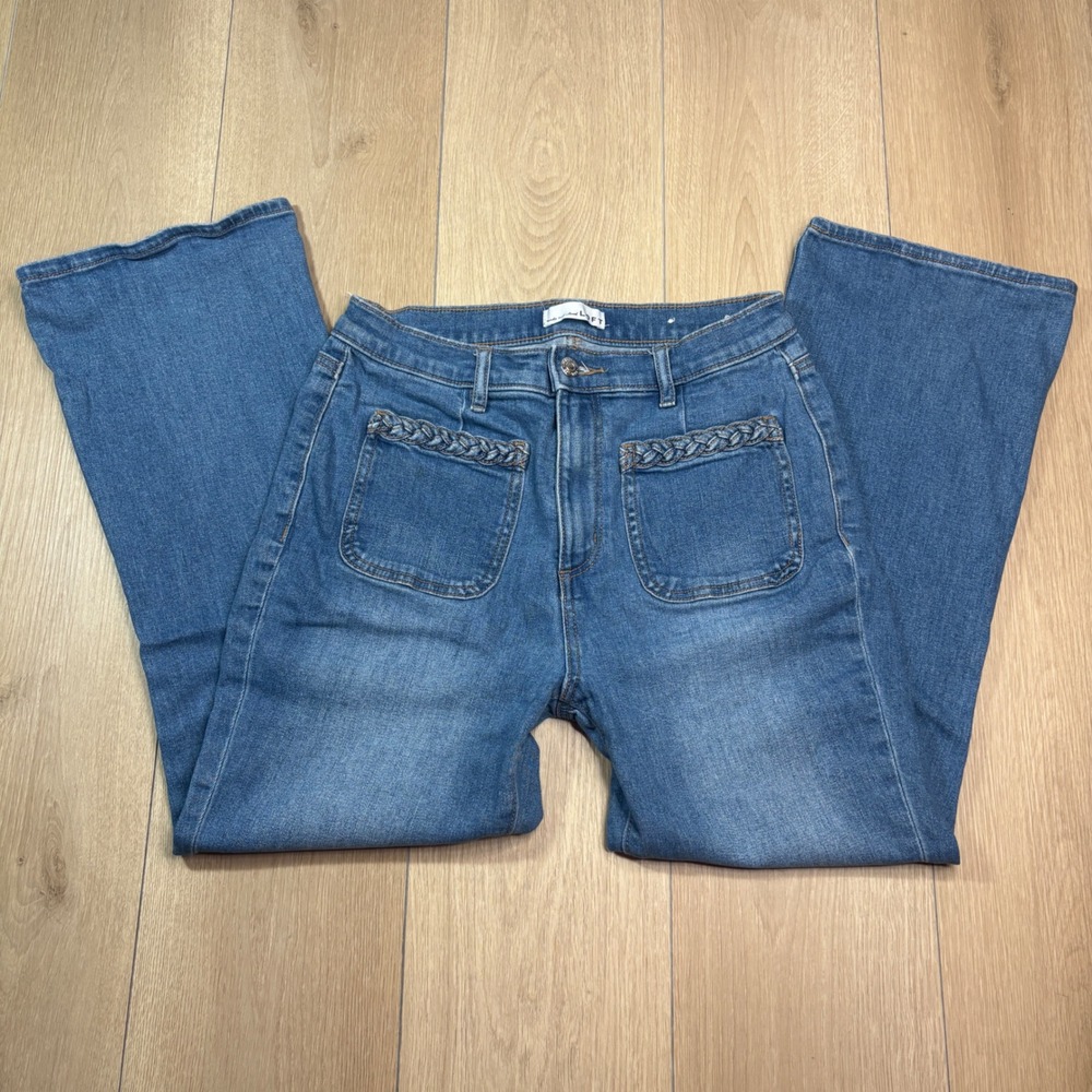 Loft The Kick Crop Jeans Blue Medium Wash Braided Pocket High Rise Womens 28 6